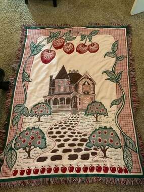 Vintage Woven Tapestry Throw Blanket Victorian Apple Orchard Cottagecore